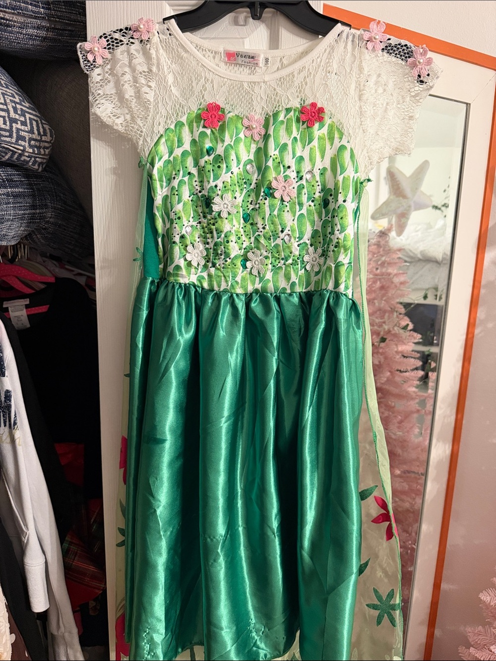Elsa frozen fever Green and White Floral Lace Dress with flower accents